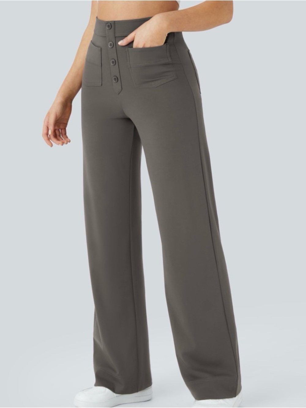 Stretch High Waisted Straight Leg casual pants Size L 32 in charcoal gray